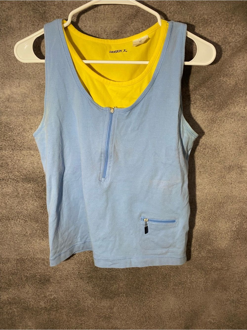Danskin Women XL Blue Tank Top Layered Yellow Quarter Zip Zipper Pocket Stretch